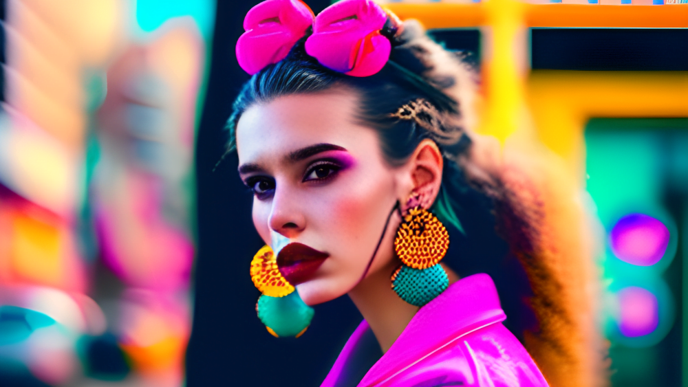Mode in den 90er Jahren: Ein Blick auf den legendären Style 6 Leuchtende Persönlichkeit: Diese Frau setzt mit ihren neonfarbenen Scrunchies und Kleidung ein modisches Statement und bringt Farbe in den Alltag der 90er.