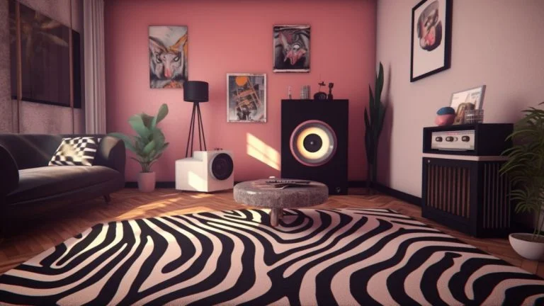 90er Deko Ideen: Tauche ein in die Welt der bunten Muster und Neonfarben 4 Wohnzimmer 90er Zebra Teppich